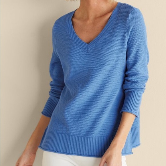 Soft Surroundings NWT Blue Sweater M Medium Marin Back Button Sweater - Picture 2 of 10